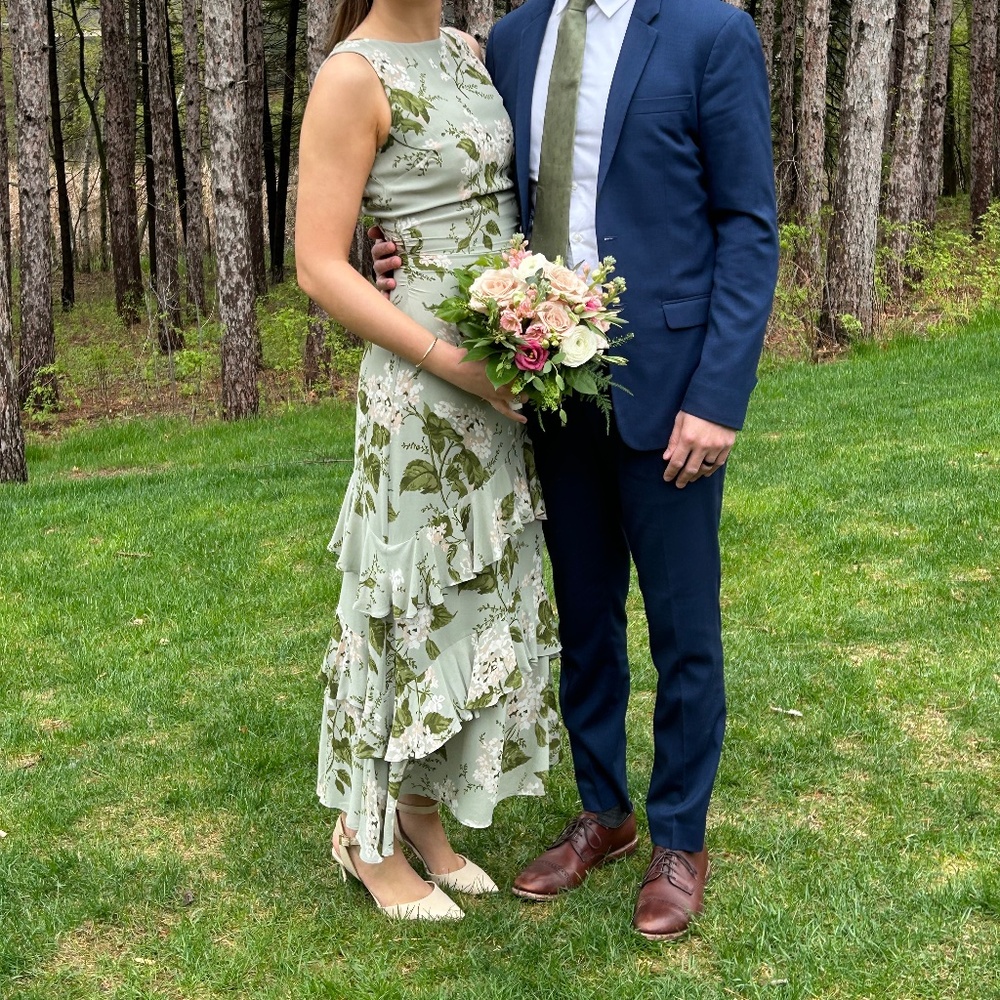 Reformation Sage Green Floral Ruffle Midi Dress